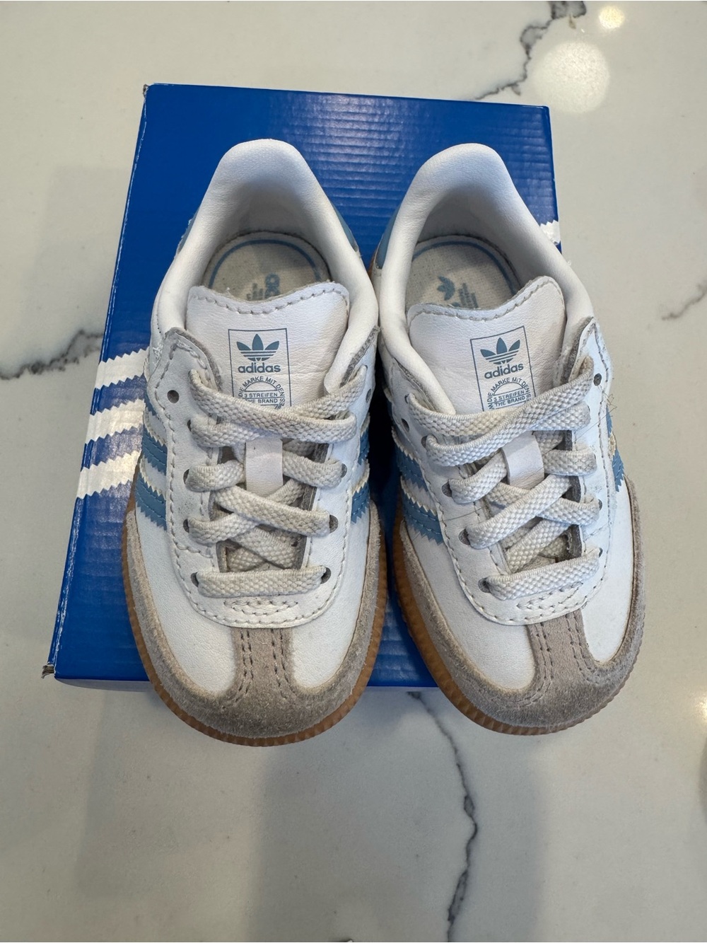 adidas toddler sambas White, Light Blue & Tan Retro Runner Sneakers